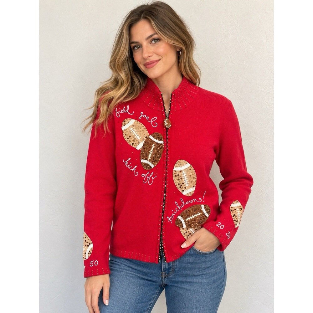 Vintage BEREK Football Sweater Women L Red Beaded Sequin Cardigan Game Day Top